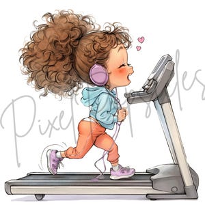 May include: A cartoon illustration of a person with curly brown hair wearing headphones and a blue and orange outfit running on a treadmill.