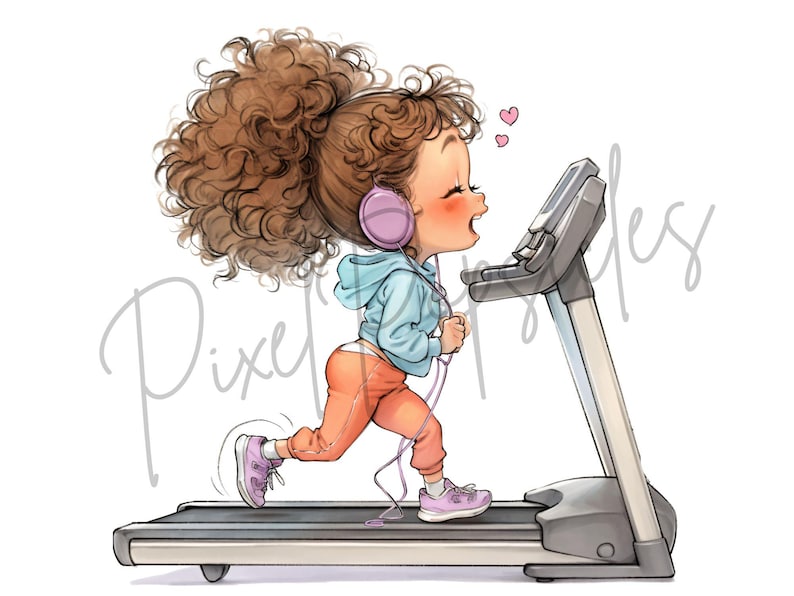 May include: A cartoon illustration of a person with curly brown hair wearing headphones and a blue and orange outfit running on a treadmill.