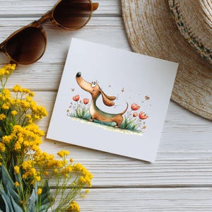 May include: A watercolour illustration of a dachshund dog in a field of red tulips and green grass. The dog is brown and tan with a long body and floppy ears. Bees are flying around the dog. Sunglasses, a straw hat, and yellow flowers are in the background.