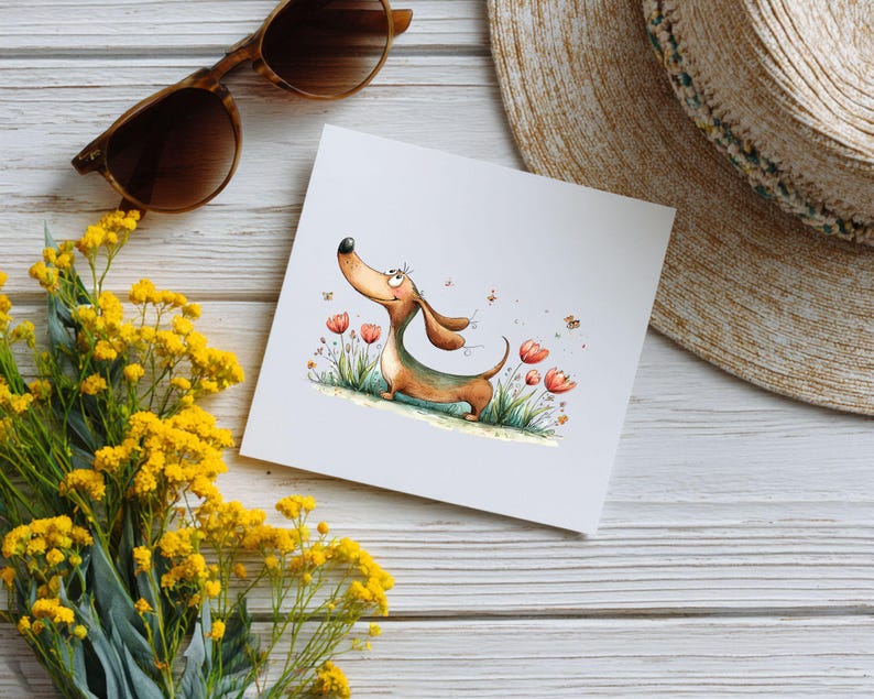 May include: A watercolour illustration of a dachshund dog in a field of red tulips and green grass. The dog is brown and tan with a long body and floppy ears. Bees are flying around the dog. Sunglasses, a straw hat, and yellow flowers are in the background.