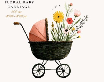 Vintage Floral Baby Carriage Watercolor: Boho Nursery Pram PNG 1#
