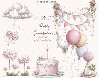 Watercolor Pastel Birthday Clipart Set, Party Decorations PNG Digital Download Graphics