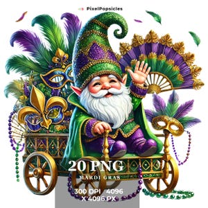 Gnomo de Mardi Gras (imagen PNG): Ilustración de acuarela de carnaval (descarga digital)