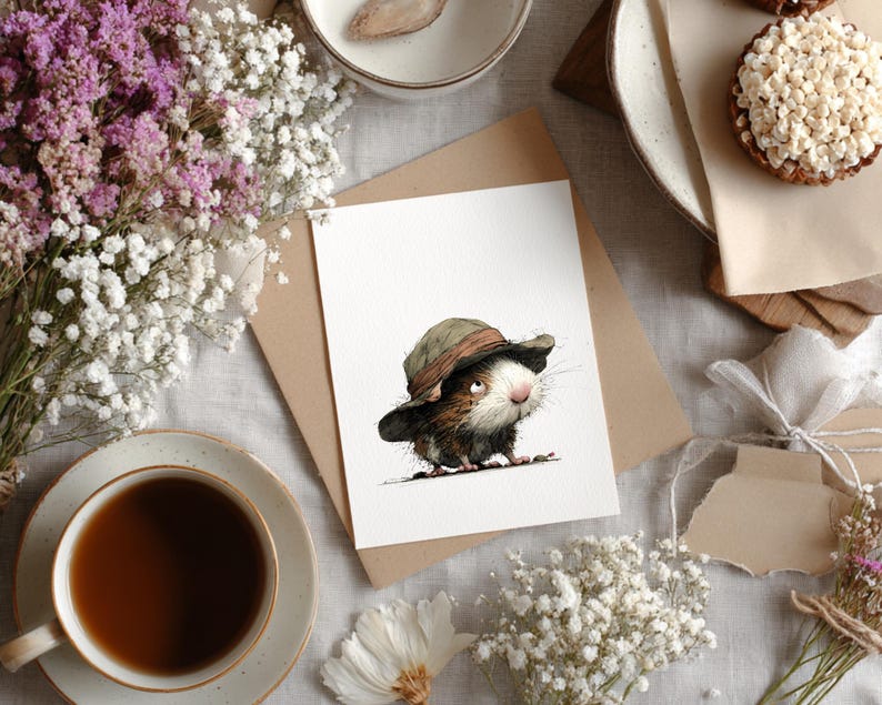 May include: A watercolor illustration of a small, furry creature wearing a hat, set on a white card. The image is surrounded by flowers, a cup of tea, and a small pastry. The color palette includes browns, whites, and greens.