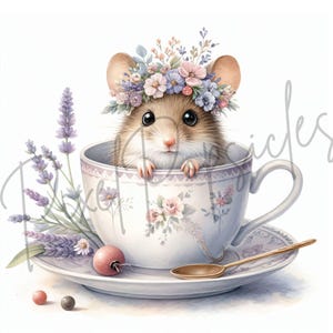 May include: A small mouse wearing a flower crown sits in a teacup with a floral pattern. The teacup is on a saucer with a spoon and lavender flowers.
