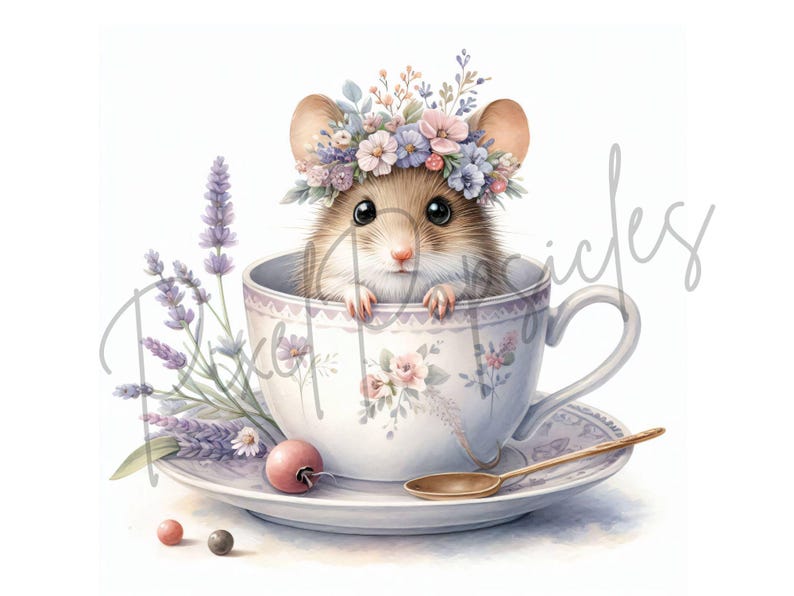 May include: A small mouse wearing a flower crown sits in a teacup with a floral pattern. The teacup is on a saucer with a spoon and lavender flowers.