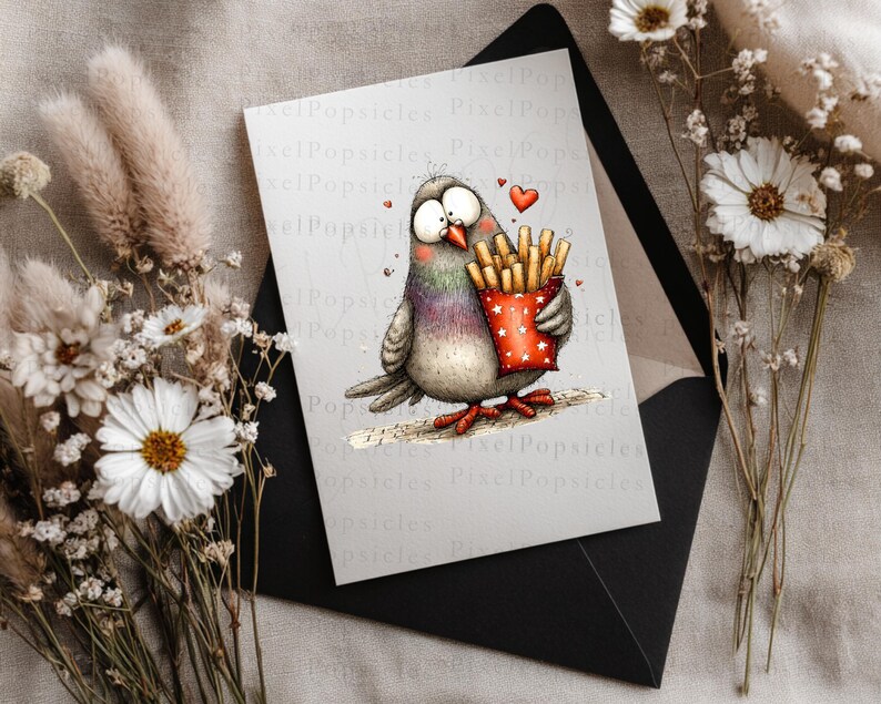 Funny Pigeon Clipart PNG, Sketchy City Bird with French Fries and Macarons image 8
