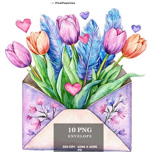 封筒に入った水彩画の花 10 点のクリップアート - 花柄の封筒デザイン、カード、招待状、文房具用の高解像度デジタルダウンロード