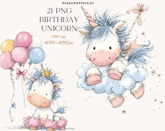Watercolor Birthday Unicorn Clipart: Floral Horse PNGs for Nursery Decor Digital Download