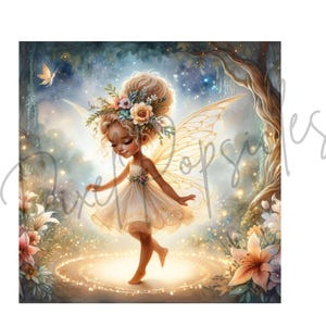 May include: A fairy with brown skin and a flower crown dances in a magical forest setting. She wears a white dress and has delicate wings. The scene is filled with soft light and glowing particles.