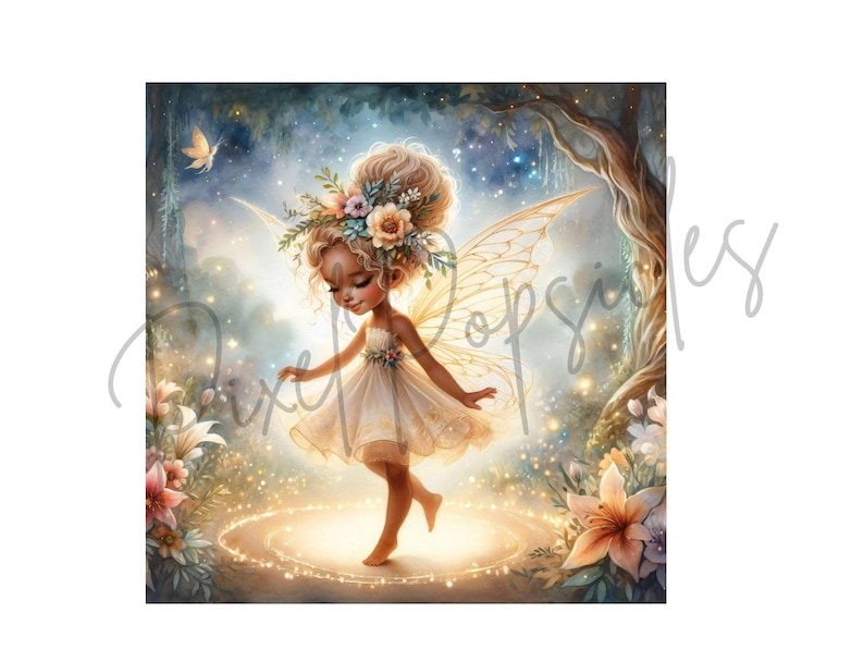 May include: A fairy with brown skin and a flower crown dances in a magical forest setting. She wears a white dress and has delicate wings. The scene is filled with soft light and glowing particles.