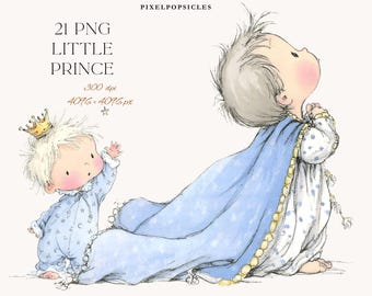 Puede incluir: Ilustración de dos bebés de dibujos animados. Uno lleva una corona dorada y un pijama azul con patrones de estrellas y lunas, saludando a una estrella. El otro lleva un vestido blanco y azul y una larga capa azul con ribete dorado. El texto en la parte superior dice "PIXELPOPSICLES". El texto dice "21 PNG LITTLE PRINCE".