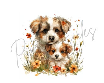 水彩画風の犬と花のクリップアート：花柄の子犬のイラスト（デジタル