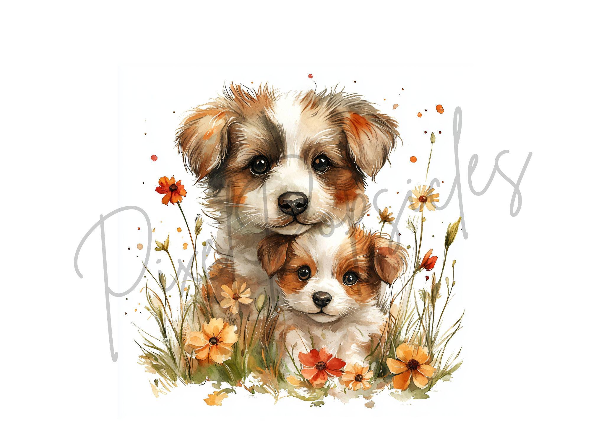 水彩画風の犬と花のクリップアート：花柄の子犬のイラスト（デジタル