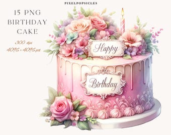 Op de afbeelding: Waterverfillustratie van een roze verjaardagstaart met bloemversieringen en een brandende kaars. De taart heeft de tekst "Happy Birthday" en de tekst "15 PNG BIRTHDAY CAKE" is linksboven zichtbaar.