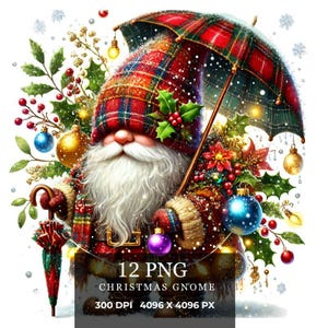 Pode incluir: Um gnomo de Natal usando um chapéu xadrez vermelho e preto e segurando um guarda-chuva. O gnomo está rodeado de azevinho, bagas e ornamentos. A imagem é de 4096 x 4096 pixels e 300 DPI.