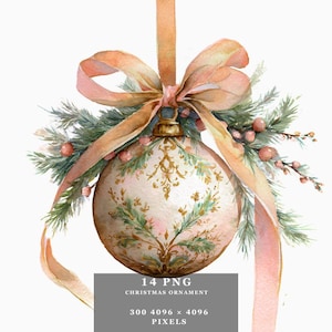 Puede incluir: Adorno navideño de acuarela con lazo y cinta color melocotón. La bola es blanca con diseños florales dorados y verdes, ramitas de vegetación y bayas. La imagen incluye el texto "14 PNG CHRISTMAS ORNAMENT 300 4096 x 4096 PIXELS."