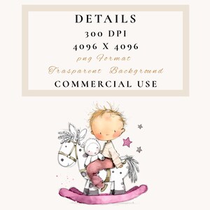 May include: Watercolor illustration of a baby riding a rocking horse, holding a stuffed animal. The rocking horse is white with black spots and a pink base. The image includes text that says "DETAILS", "300 DPI", "4096 X 4096", "png Format", "Transparent Background", and "COMMERCIAL USE".