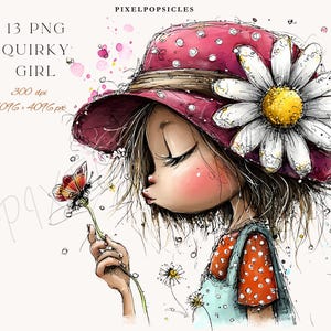 Puede incluir: Ilustración de una niña con un sombrero rosa con lunares, una gran margarita y un atuendo azul y naranja. Sostiene una flor con una mariposa. Incluye el texto "13 PNG QUIRKY GIRL".