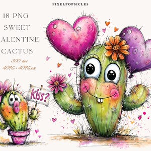 May include: Watercolor illustration featuring two cartoon cacti with smiling faces, flowers, and heart-shaped balloons. One cactus holds a sign that says "kiss?". The image includes the text "18 PNG Sweet Valentine Cactus".