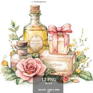 Watercolor Soap Clipart: Rustic Beauty Products, Spices & Essences (12 PNG Files)