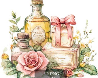 Watercolor Soap Clipart: Rustic Beauty Products, Spices & Essences (12 PNG Files)