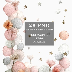Aquarell Blumen & Ballon Rahmen Clipart Bundle | 13x18 | Pastell Blumen Luftballons | Transparenter Hintergrund, Grußkarte, Einladung, Design