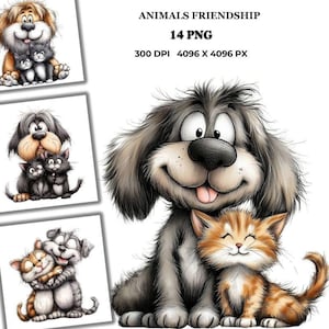 14 sweet Animals friendship Png, Cute dogs  cats Clipart, Scrapbooking,Card Making,Cute Nursery Spring Bundle Commercial, Instant Download