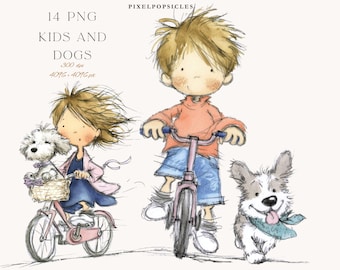 Puede incluir: Ilustración en acuarela de dos niños en bicicleta con sus perros. La imagen incluye el texto "14 PNG KIDS AND DOGS". La obra de arte tiene un estilo de cuento de hadas caprichoso con colores suaves y un aspecto dibujado a mano.