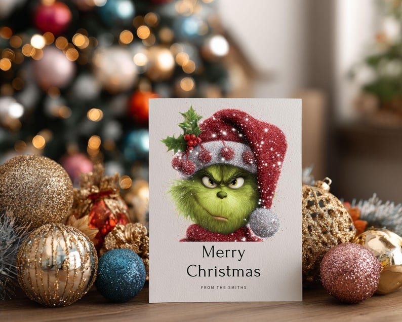 Peut inclure: Carte de No&euml;l avec un personnage vert portant un bonnet de P&egrave;re No&euml;l rouge et des feuilles de houx. La carte indique "Joyeux No&euml;l" avec un nom de famille. En arri&egrave;re-plan, des lumi&egrave;res et des boules de No&euml;l floues.