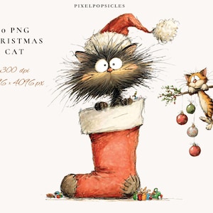 Peut inclure: Illustration fantaisiste d'un chat noir portant un chapeau de Père Noël, sortant d'une chaussette de Noël rouge. Un deuxième chat tigré orange décore une branche avec des boules. Le texte indique "20 PNG Christmas Cat".