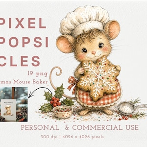 Op de afbeelding: Een digitale illustratie van een muis als bakker met een witte koksmuts en een rood-wit geblokt schort, die een groot sneeuwvlokvormig koekje vasthoudt. De afbeelding bevat de tekst PIXEL POPSICLES, 19 png, Christmas Mouse Baker en PERSONAL & COMMERCIAL USE, samen met een kleine ingevoegde foto van een wenskaart.