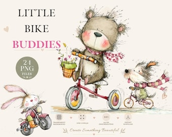 Images clipart d'animaux mignons à vélo, ours et chien aquarelle PNG, illustrations fantaisistes pour chambre d'enfant