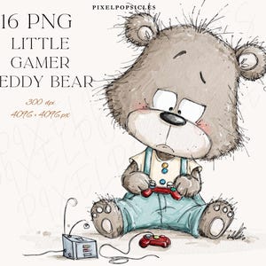 May include: A watercolour illustration of a teddy bear gamer. The bear is seated, wearing blue dungarees and a cream-coloured shirt, and holding a red game controller. The image includes the text "16 PNG LITTLE GAMER TEDDY BEAR".