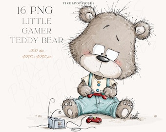 Cliparts d'ours aquarelle : Décoration de chambre d'enfant avec un petit ourson en peluche gamer