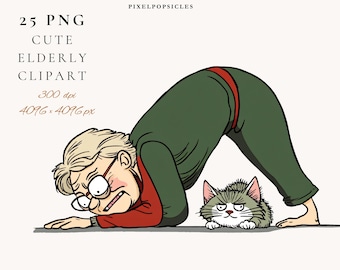 Elderly Yoga Clipart, Funny Senior Citizen and Cat PNG Graphics, Cartoon Illustration Download