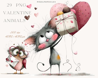 Valentine Animals Watercolor Clipart Bundle (Digital Download) 1#