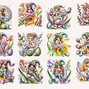 Easter Elves Watercolor Clipart: Spring Flowers, Eggs PNG (commercial ...