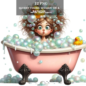 Quirky Young Woman in Bathtub Clipart – Whimsical Self-Care PNG, Funny Relaxation Digital Art for Cards, T-Shirts & Sublimation