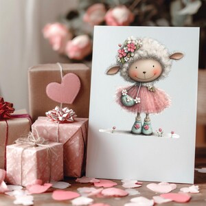 May include: A greeting card featuring a cartoon sheep wearing a pink dress and flower crown. The card is propped up in front of wrapped gifts with red and silver bows, and a pink heart. Pink flower petals are scattered on the wooden surface.
