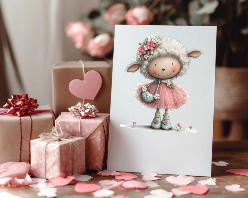 May include: A greeting card featuring a cartoon sheep wearing a pink dress and flower crown. The card is propped up in front of wrapped gifts with red and silver bows, and a pink heart. Pink flower petals are scattered on the wooden surface.