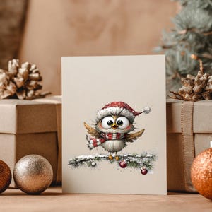 May include: A Christmas greeting card featuring a cartoon owl wearing a Santa hat and a red and white scarf. The owl is perched on a snow-covered branch with red berries. The card is set against a backdrop of wrapped gifts and Christmas ornaments.