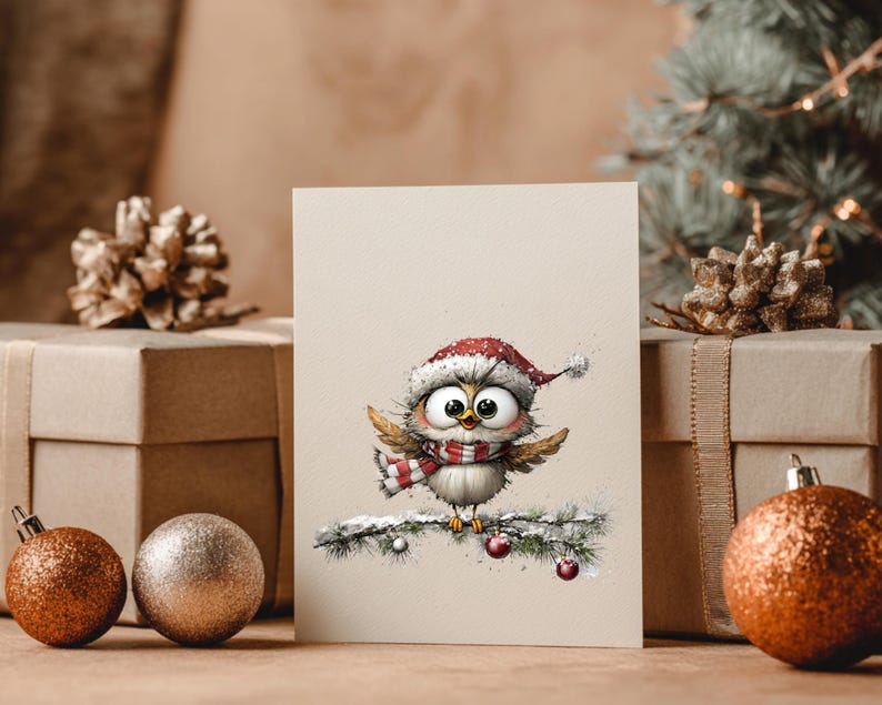 May include: A Christmas greeting card featuring a cartoon owl wearing a Santa hat and a red and white scarf. The owl is perched on a snow-covered branch with red berries. The card is set against a backdrop of wrapped gifts and Christmas ornaments.