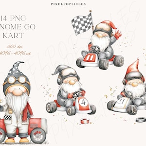 May include: A watercolour illustration featuring four gnomes in go-karts. One gnome holds a trophy, another waves a checkered flag, and the others drive. The gnomes wear racing gear and helmets. The go-karts are red and white.