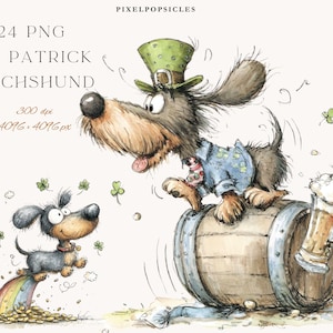 May include: A cartoon illustration featuring two dachshunds celebrating St. Patrick's Day. One dog wears a green hat and stands on a barrel with a beer. The other dog jumps over a rainbow with gold coins. The image includes text: 24 PNG St Patrick Dachshund.