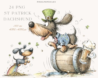 Puede incluir: Ilustración caprichosa de dos perros salchicha celebrando el Día de San Patricio. Un perro lleva un sombrero verde y está sobre un barril con cerveza. El otro perro salta sobre un arcoíris con monedas de oro. La imagen incluye texto: 24 PNG St Patrick Dachshund.