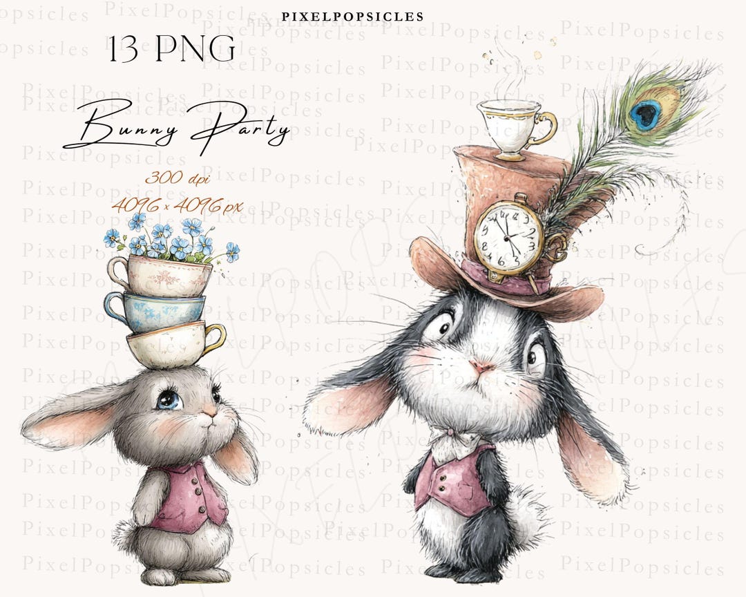Sweet Bunny Clipart: Whimsical Rabbit 13 PNG Bundle (digital Download ...