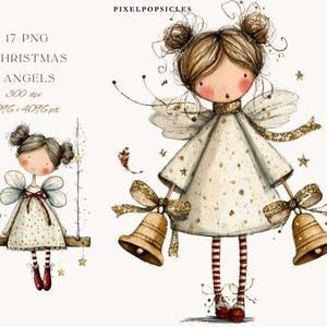 May include: Digital illustration of two Christmas angels. One angel is on a swing, the other is holding bells. Both angels have white dresses with gold accents, wings, and red and white striped stockings. The image includes the text "17 PNG Christmas Angels".