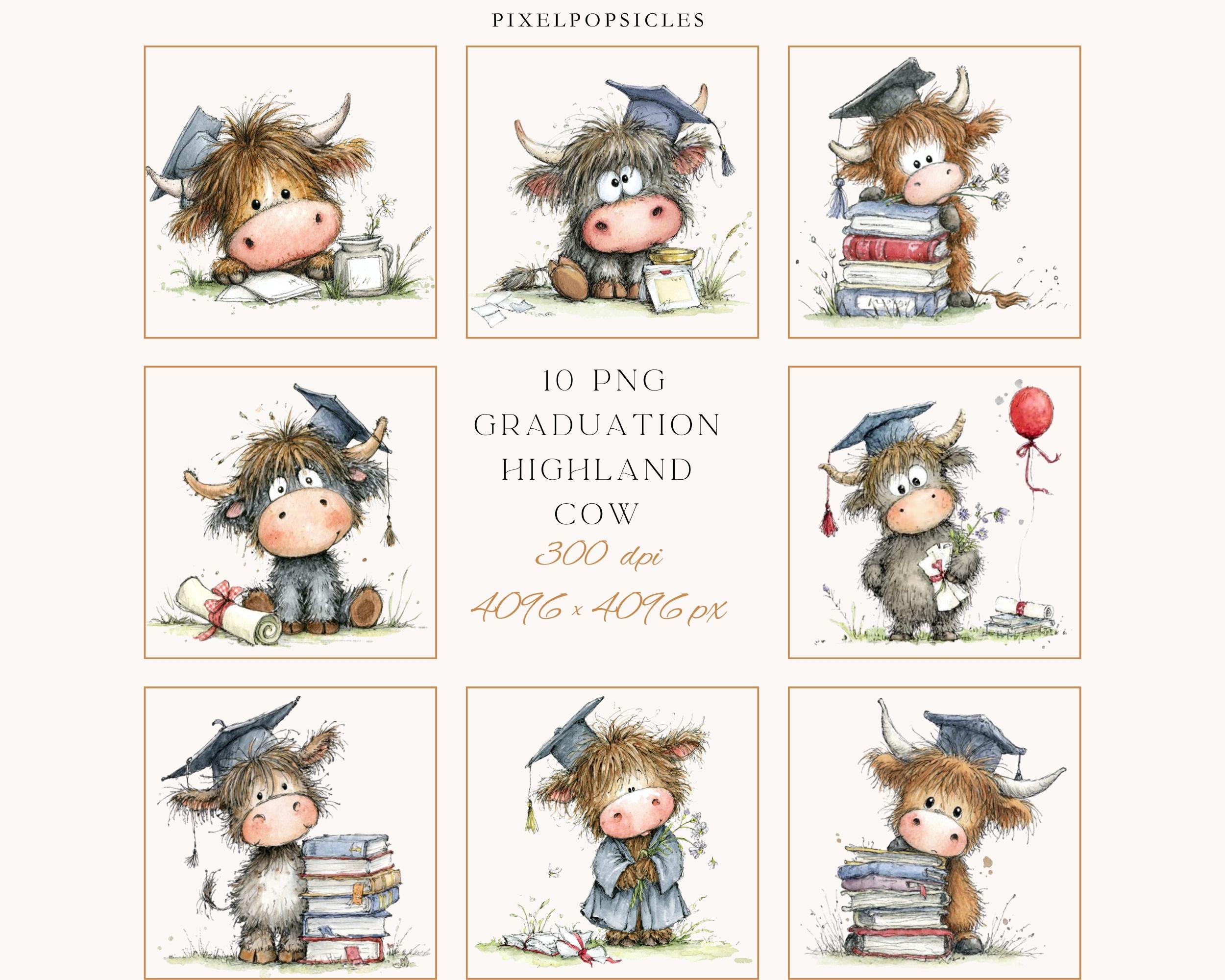 Graduation Highland Cow Clipart Set Watercolor Cows With Cap & Books ...