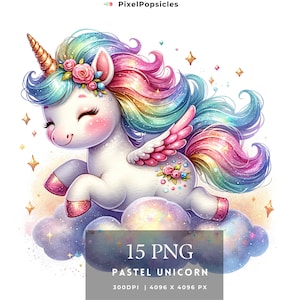 15 Watercolor Unicorn Clipart: Pastel Rainbow Graphics (Commercial Use PNG)